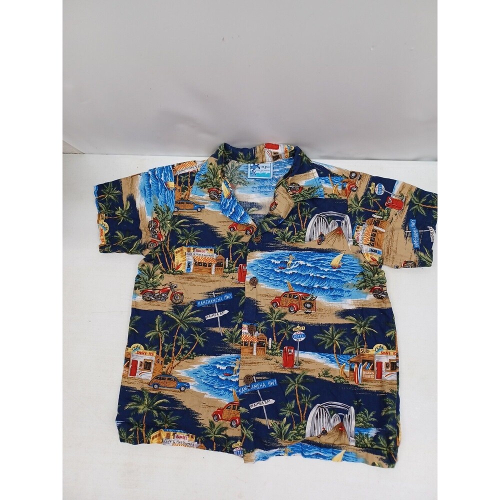 Vtg RJC Boys Hawaiian Shirt Antique Cars Palms Hibiscus Size 6 Made in Hawaii